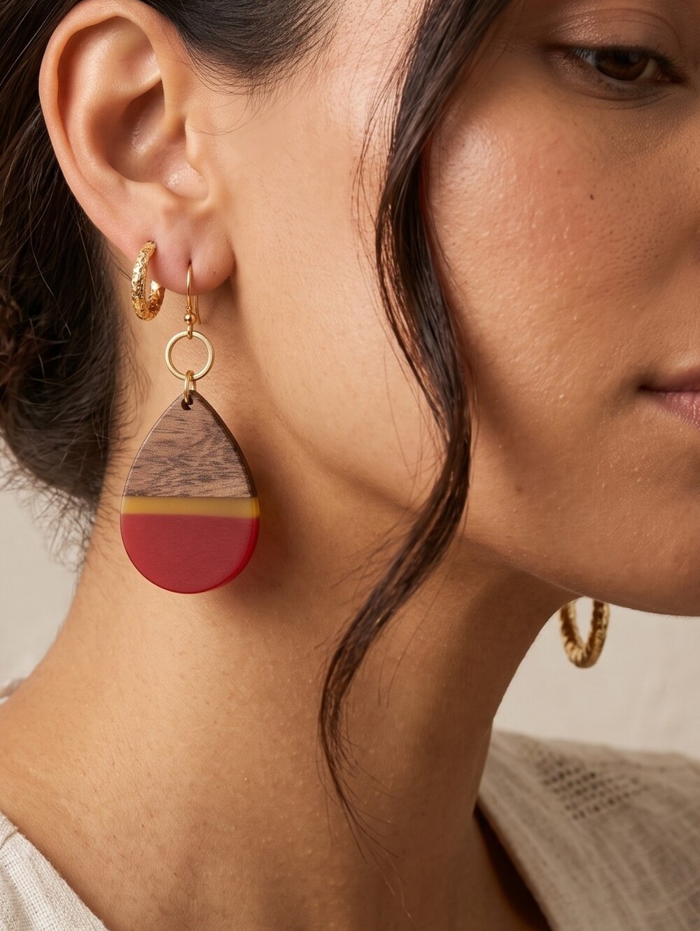 BEL Walnut Wood Resin Drop Earrings 18K Gold Plated Organic Modern 70s Retro